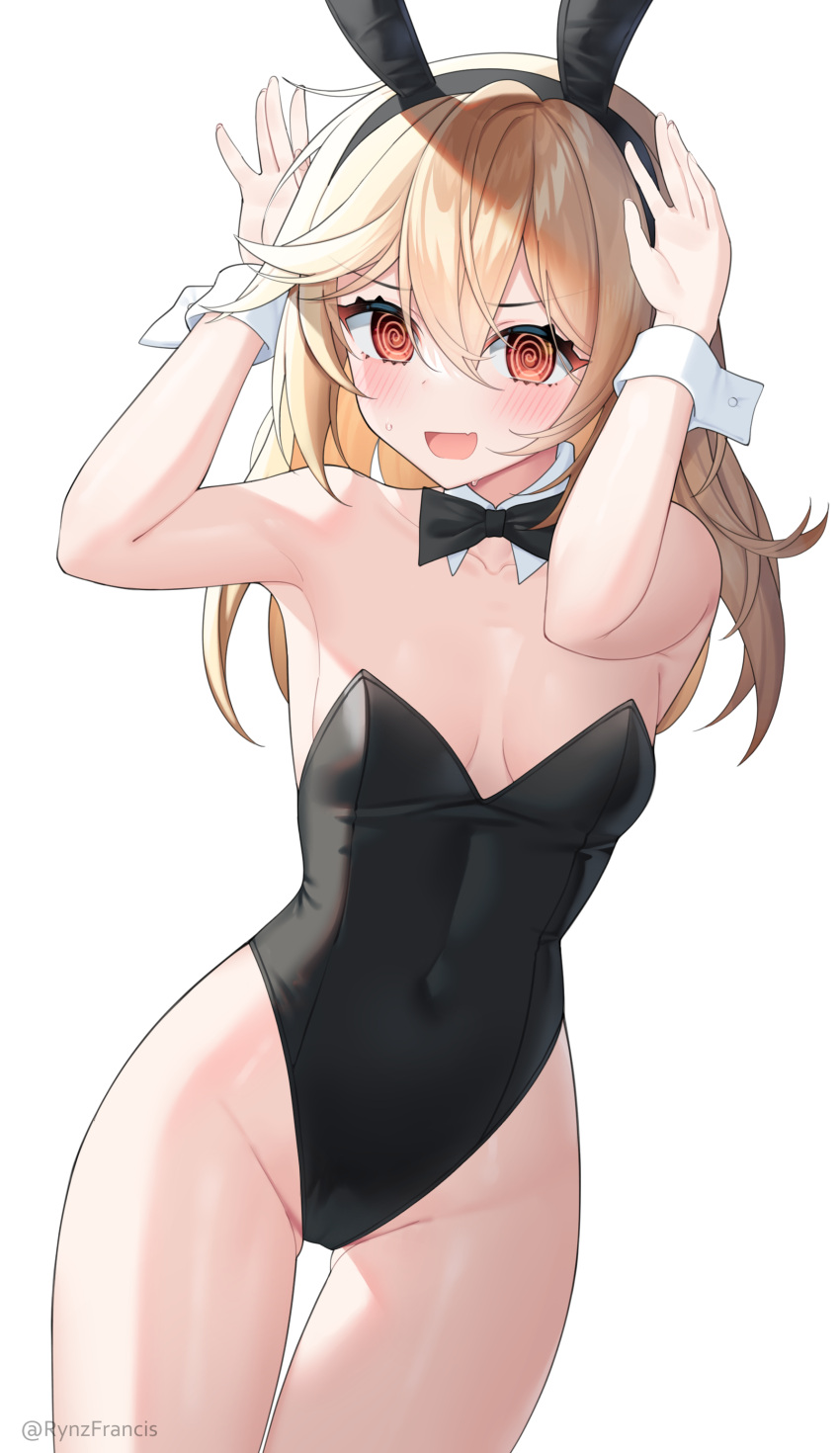 1girl @_@ absurdres animal_ears arms_up bangs black_bow black_bowtie blonde_hair blush bow bowtie breasts collarbone covered_navel cuff_links detached_collar fake_animal_ears fang girls'_frontline hair_between_eyes highres long_hair looking_at_viewer nagant_revolver_(girls'_frontline) open_mouth pantyhose playboy_bunny rabbit_ears red_eyes rynzfrancis simple_background skin_fang small_breasts smile solo twitter_username white_background