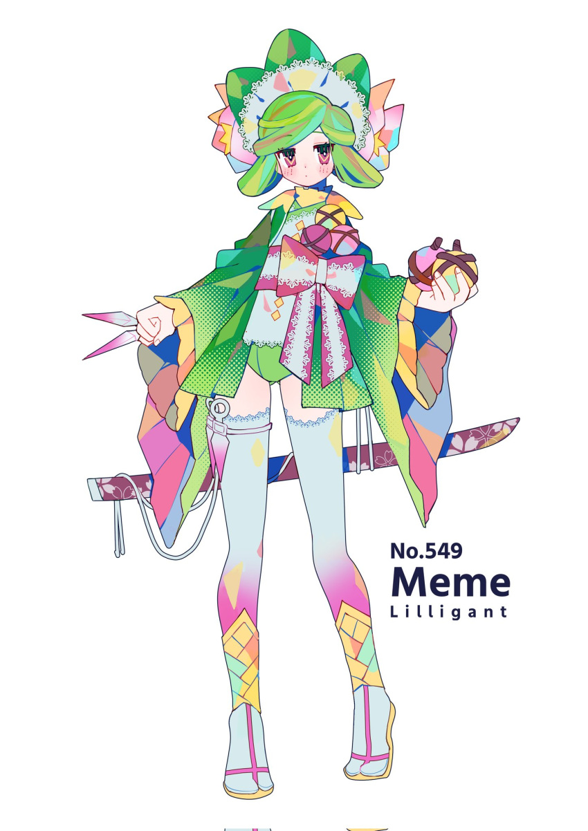 1girl bangs between_fingers blush bomb bonnet bow character_name dot_mouth explosive expressionless flower full_body gradient_legwear green_headwear green_kimono green_leotard grey_hair hair_flower hair_ornament highres hisuian_lilligant holding holding_bomb holding_weapon holster japanese_clothes katana kimono kunai leotard looking_at_viewer obi personification pink_bow pink_eyes pink_flower pink_thighhighs pokemon pokemon_(game) pokemon_legends:_arceus sakuramon sash sheath sheathed short_hair short_kimono simple_background solo standing stippling_(texture) swept_bangs sword thigh_holster thighhighs waist_bow weapon white_background white_thighhighs wide_sleeves yasubaru yellow_footwear zouri