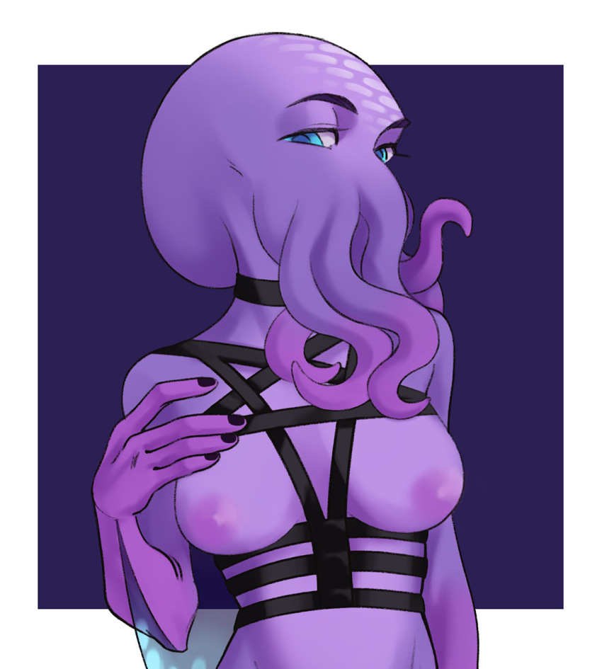 animal_humanoid anthro avinolas blue_eyes breasts bust_portrait cephalopod cephalopod_humanoid choker female half-closed_eyes harness harness_only hi_res humanoid jewelry lilacay_(arcanolulamoon) looking_at_viewer marine marine_humanoid mind_flayer mollusk mollusk_humanoid narrowed_eyes necklace nipples portrait purple_body solo tentacles