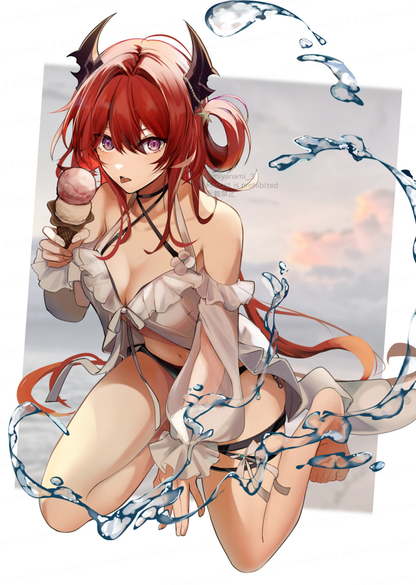 1girl arknights barefoot bikini black_bikini breasts cleavage criss-cross_halter demon_horns food hair_ornament halterneck highres holding holding_food horns ice_cream ice_cream_cone long_hair medium_breasts noizu_(noi_hr) official_alternate_costume outside_border purple_eyes red_hair single_hair_ring solo star_(symbol) star_hair_ornament surtr_(arknights) surtr_(colorful_wonderland)_(arknights) swimsuit swimsuit_cover-up thigh_strap tongue tongue_out twitter_username very_long_hair