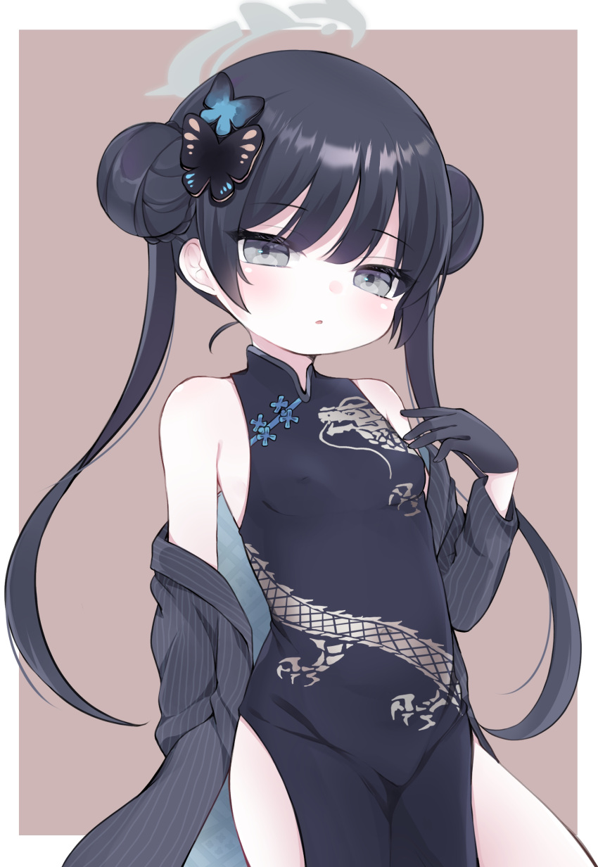 1girl absurdres black_dress black_gloves black_hair black_jacket blue_archive breasts butterfly_hair_ornament china_dress chinese_clothes double_bun dress gloves grey_eyes hair_bun hair_ornament halo highres jacket kisaki_(blue_archive) long_hair looking_at_viewer ni_kiro off_shoulder pinstripe_jacket pinstripe_pattern small_breasts solo striped twintails