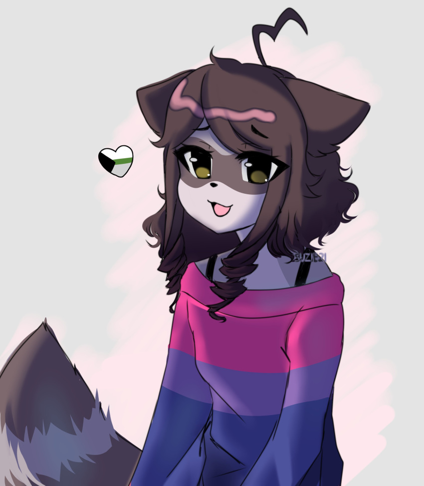 &lt;3 2021 absurd_res anthro bisexual_pride_colors bra_strap brown_hair canid canine cerise_(chinjireta) chinjireta_(artist) clothed clothed_anthro clothed_female clothing ears_down eyelashes female hair hi_res lgbt_pride looking_at_viewer mammal mulitcolored_fur open_mouth pivoted_ears pride_colors raccoon_dog simple_background smile smiling_at_viewer solo sweater tail tanuki topwear yellow_eyes