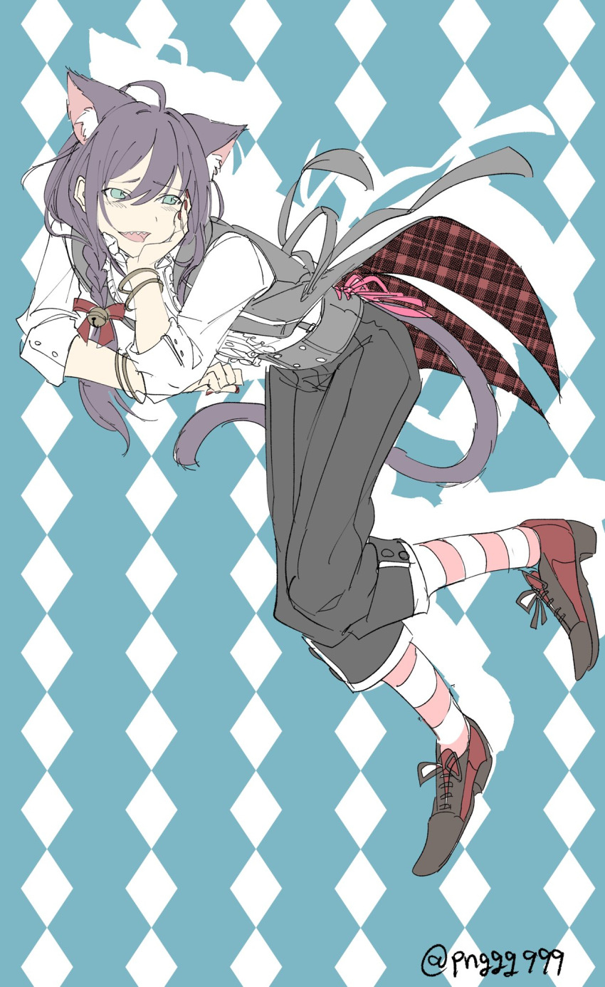 1boy animal_ears ayase_mayoi bishounen blue_background blue_eyes braid cat_boy cat_ears cat_tail cheshire_cat_(alice_in_wonderland) cheshire_cat_(alice_in_wonderland)_(cosplay) cosplay ensemble_stars! full_body highres long_hair male_focus moiimo_q multicolored_background purple_hair solo tail white_background