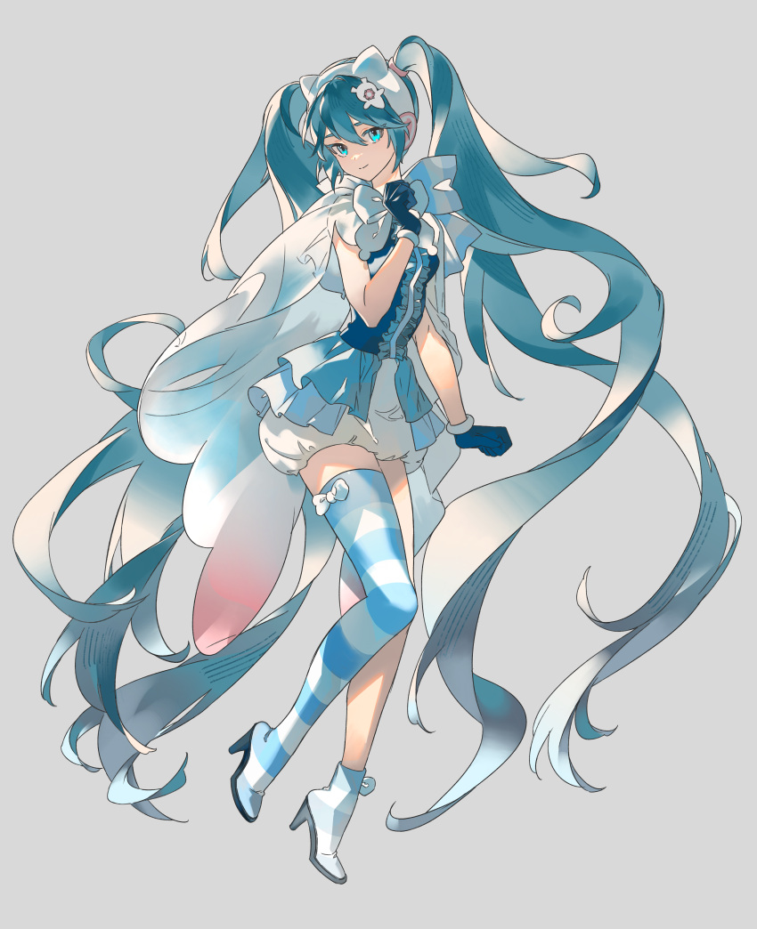 1girl absurdres aqua_eyes black_gloves bloomers blue_dress blue_footwear blue_hair boots borrowed_design bow bowtie cape cat_ear_hairband chinese_commentary closed_mouth commentary dress full_body gloves grey_background hair_between_eyes hairband hatsune_miku highres labroiy long_hair looking_at_viewer simple_background single_thigh_boot smile solo striped striped_footwear thigh_boots twintails underwear very_long_hair vocaloid white_bloomers white_bow white_bowtie white_cape white_footwear white_hairband yuki_miku
