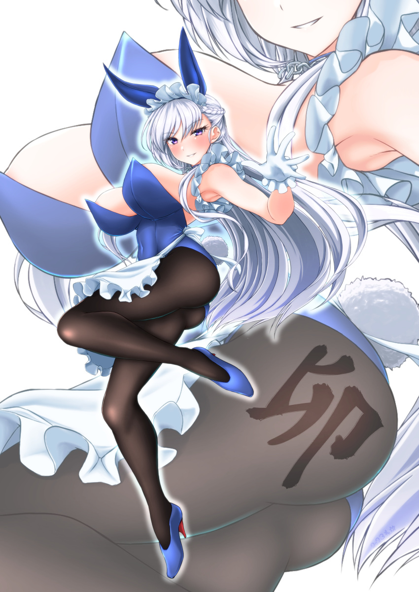 1girl absurdres alternate_costume animal_ears ass azur_lane belfast_(azur_lane) black_pantyhose blue_footwear blue_leotard bow bowtie braid breasts covered_navel detached_collar fake_animal_ears fake_tail french_braid full_body gloves high_heels highres huge_breasts koutarou_(plusdrive) large_breasts leotard long_hair maid_headdress pantyhose playboy_bunny purple_eyes rabbit_ears rabbit_tail solo standing standing_on_one_leg strapless strapless_leotard tail traditional_bowtie white_gloves white_hair wrist_cuffs zoom_layer