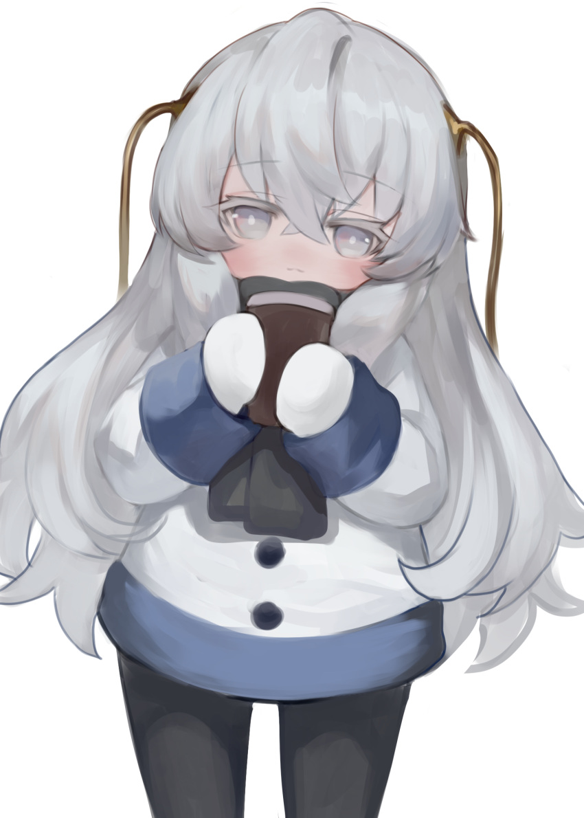 1girl bangs black_pantyhose blush closed_mouth colored_eyelashes commentary_request cup disposable_cup dokomon dress girls'_frontline grey_eyes grey_hair hair_between_eyes highres holding holding_cup korean_commentary long_hair long_sleeves looking_at_viewer mittens pantyhose ribeyrolles_(girls'_frontline) simple_background solo very_long_hair white_background white_dress white_mittens