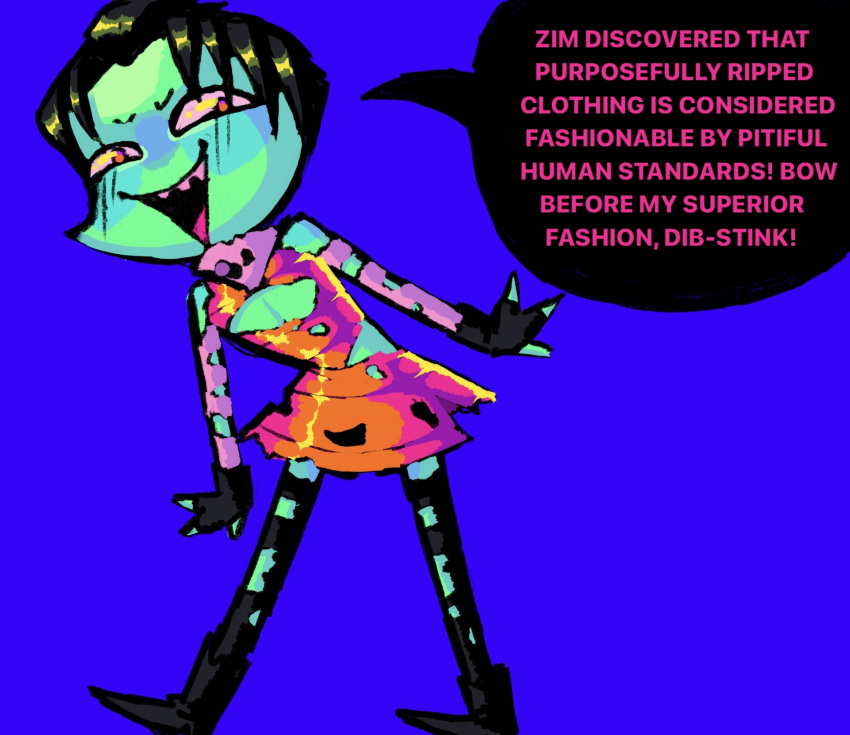 3_fingers alien alien_humanoid bare_shoulders black_hair blue_background blush blush_lines boots bottomwear chibi clawed_fingers cleavage_cutout clothing colored dialogue dreamscreep dress earless english_text fingerless_gloves fingers footwear glistening glistening_clothing glistening_hair gloves green_body green_skin hair handwear hi_res humanoid invader_zim irken male nickelodeon noseless open_mouth open_smile pants pink_clothing pink_eyes shaded simple_background smile solo speech_bubble standing text topwear torn_bottomwear torn_clothing torn_pants torn_topwear zim_(invader_zim)