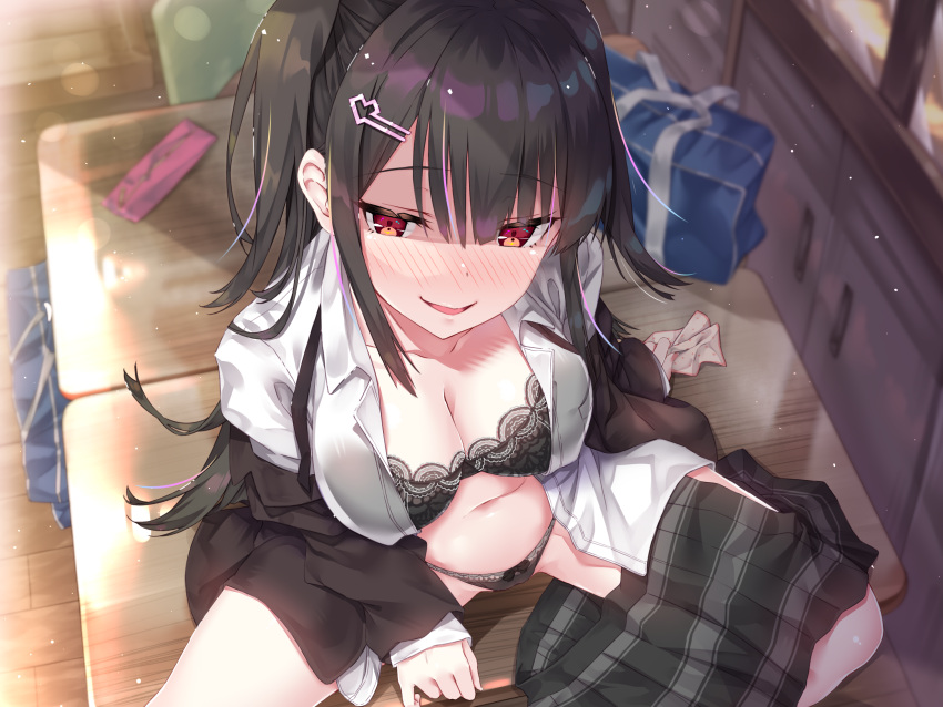 1girl arm_support bag bangs black_bra black_hair black_jacket black_panties black_skirt blunt_bangs blush bra breasts chair classroom cleavage collarbone collared_shirt desk hair_ornament hairclip highres jacket lace-trimmed_bra lace_trim lens_flare long_hair looking_at_viewer medium_breasts navel non-web_source on_desk open_clothes open_mouth open_shirt original panties pencil_case plaid plaid_skirt pleated_skirt rozea_(graphmelt) school_bag school_chair school_desk school_uniform seductive_smile shirt sidelocks sitting sitting_on_desk skirt skirt_around_one_leg smile solo spread_legs sunlight underwear white_shirt
