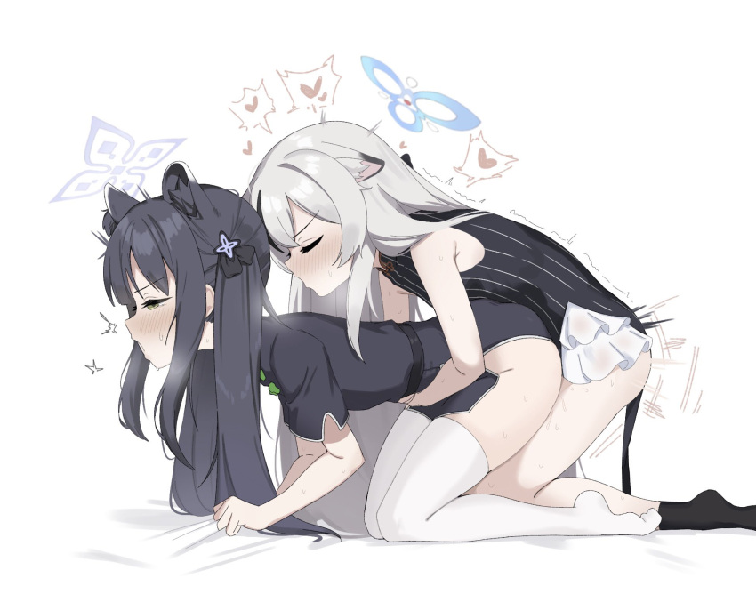 2girls all_fours animal_ear_fluff animal_ears black_dress black_hair black_socks blue_archive blush china_dress chinese_clothes clothed_sex doggystyle dress from_side futa_with_female futanari green_eyes grey_hair halo heart highres implied_futanari incest kneeling kokona_(blue_archive) long_hair makura_u9b multiple_girls open_mouth pelvic_curtain sheet_grab short_sleeves shun_(blue_archive) shun_(small)_(blue_archive) siblings sisters sleeveless sleeveless_dress socks spoken_heart sweat thighhighs tiger_ears twintails white_thighhighs