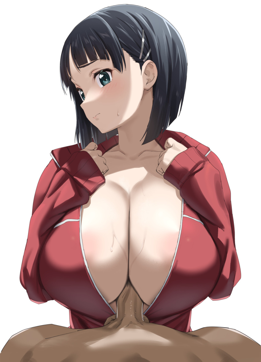 1boy 1girl aqua_eyes areola_slip bangs black_hair blunt_bangs bob_cut breasts breasts_squeezed_together cleavage clothed_female_nude_male clothed_sex collarbone commentary_request dark-skinned_male dark_skin fuooooo hair_ornament hairclip hands_on_own_chest hands_up hetero highres huge_breasts jacket kirigaya_suguha light_blush long_sleeves looking_away looking_to_the_side no_bra nude paizuri partially_unzipped penis pov red_jacket short_hair simple_background sleeves_past_wrists solo_focus sweat sword_art_online testicles track_jacket upper_body white_background zipper_pull_tab
