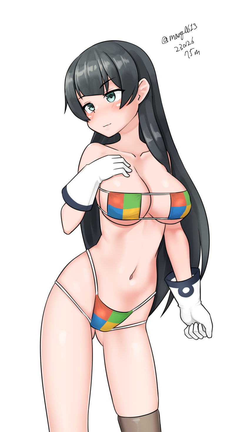 1girl absurdres agano_(kancolle) ass_visible_through_thighs bikini black_hair breasts contrapposto dated eyepatch_bikini gloves green_eyes grey_thighhighs highres kantai_collection large_breasts long_hair looking_back maru_(marg0613) multi-strapped_bikini multicolored_bikini multicolored_clothes one-hour_drawing_challenge simple_background single_thighhigh solo swimsuit thighhighs twitter_username white_background white_gloves