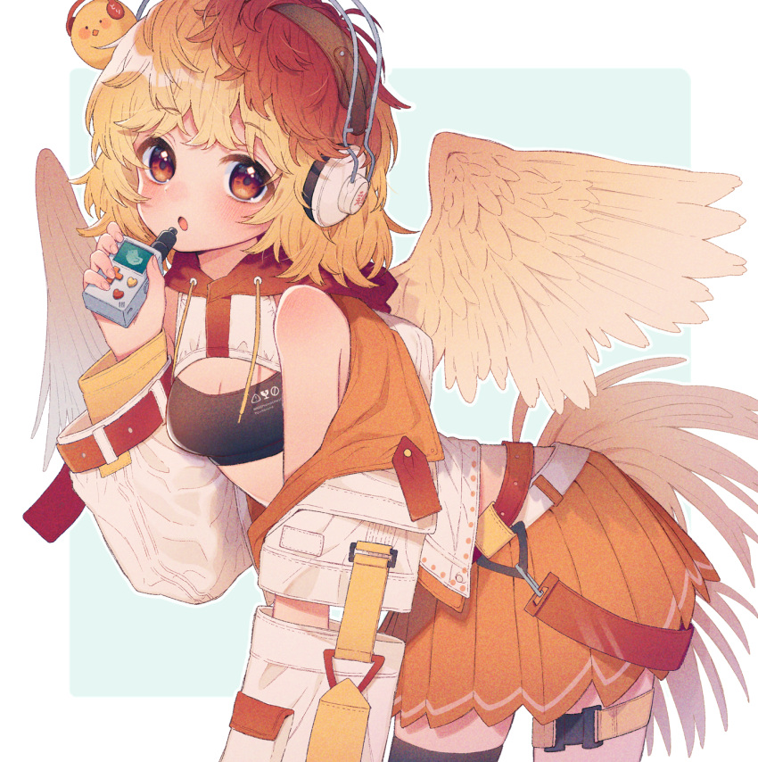 1girl adapted_costume animal bird bird_tail bird_wings blonde_hair blush breasts chick cleavage cowboy_shot feathered_wings highres jacket multicolored_hair niwatari_kutaka open_clothes open_jacket open_mouth orange_skirt pleated_skirt red_eyes red_hair short_hair skirt solo tail touhou touya_(konpekitou) two-tone_hair white_jacket wings yellow_wings