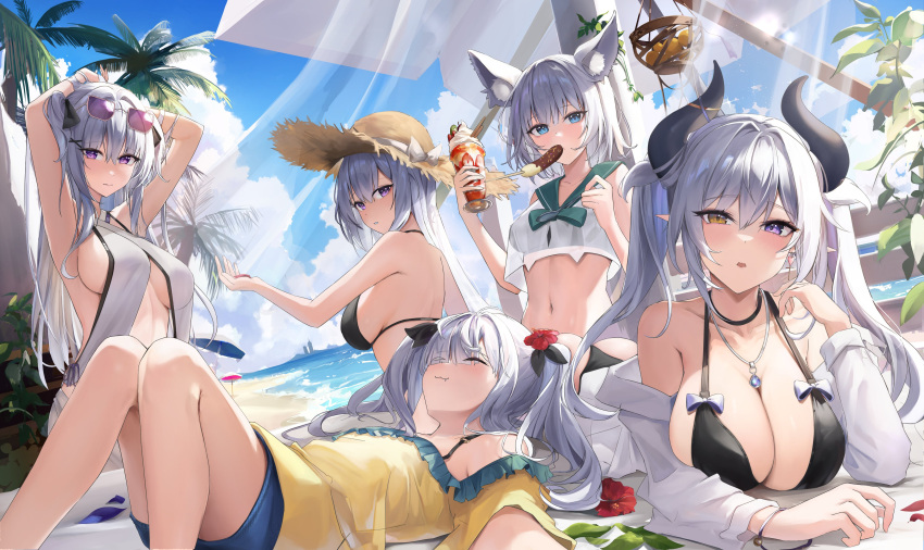 5girls absurdres animal_ears aoi_13 armpits arms_up bangs bare_shoulders beach bikini black_bikini blue_eyes breasts brown_eyes character_request cleavage closed_eyes closed_mouth commentary copyright_request eyewear_on_head food grey_hair hair_ornament hat heterochromia highres horns jewelry knees_up large_breasts long_hair long_sleeves looking_at_viewer lying multiple_girls navel necklace off_shoulder on_back on_stomach outdoors parted_lips purple_eyes shirt sideboob smile straw_hat sunglasses swimsuit symbol-only_commentary twintails water white_shirt yellow_shirt