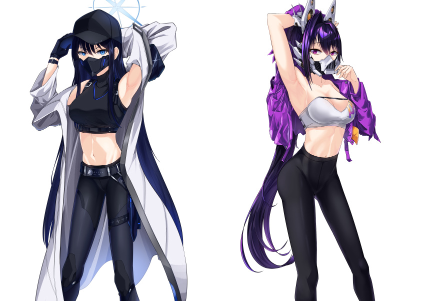 2girls absurdres arm_up armpits arms_up bandeau bare_shoulders baseball_cap belt black_belt black_headwear black_pants black_shirt blue_archive blue_eyes blue_hair breasts character_request cleavage commentary_request crop_top feet_out_of_frame goddess_of_victory:_nikke hair_between_eyes hand_up hat highres jacket kipdrew large_breasts leggings long_hair long_sleeves looking_at_viewer mask midriff mouth_mask multiple_girls navel pants purple_eyes purple_hair purple_jacket saori_(blue_archive) shirt simple_background sleeveless sleeveless_shirt standing stomach strapless thighs tube_top very_long_hair white_background