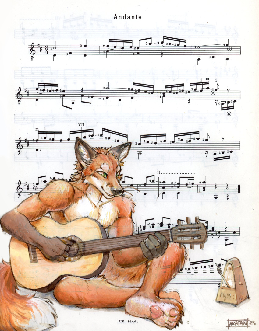 2023 akatan_art anthro black_nose brown_body brown_claws brown_fur canid cheek_tuft claws dated facial_tuft full-length_portrait fur glistening glistening_eyes green_eyes guitar hi_res male mammal musical_instrument nude orange_body orange_fur pawpads playing_guitar playing_music plucked_string_instrument portrait red_pawpads signature sitting smile solo string_instrument tan_body tan_fur traditional_media_(artwork) tuft