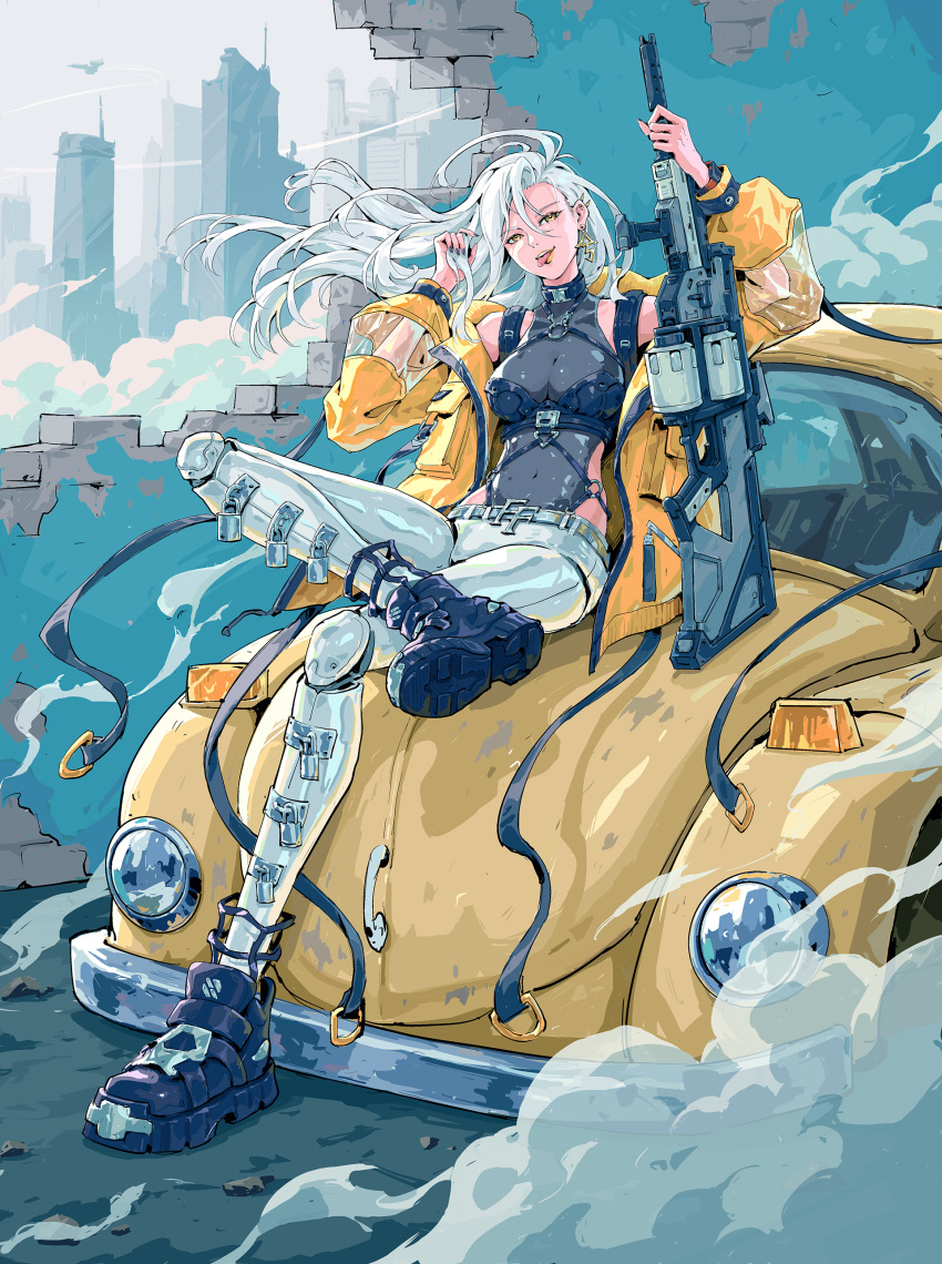 1girl absurdres city cityscape cyberpunk earrings fashion gun highres holding holding_gun holding_weapon jewelry nail_polish original solo tongue tongue_out volkswagen_beetle weapon wenfei_ye white_hair yellow_eyes yellow_lips