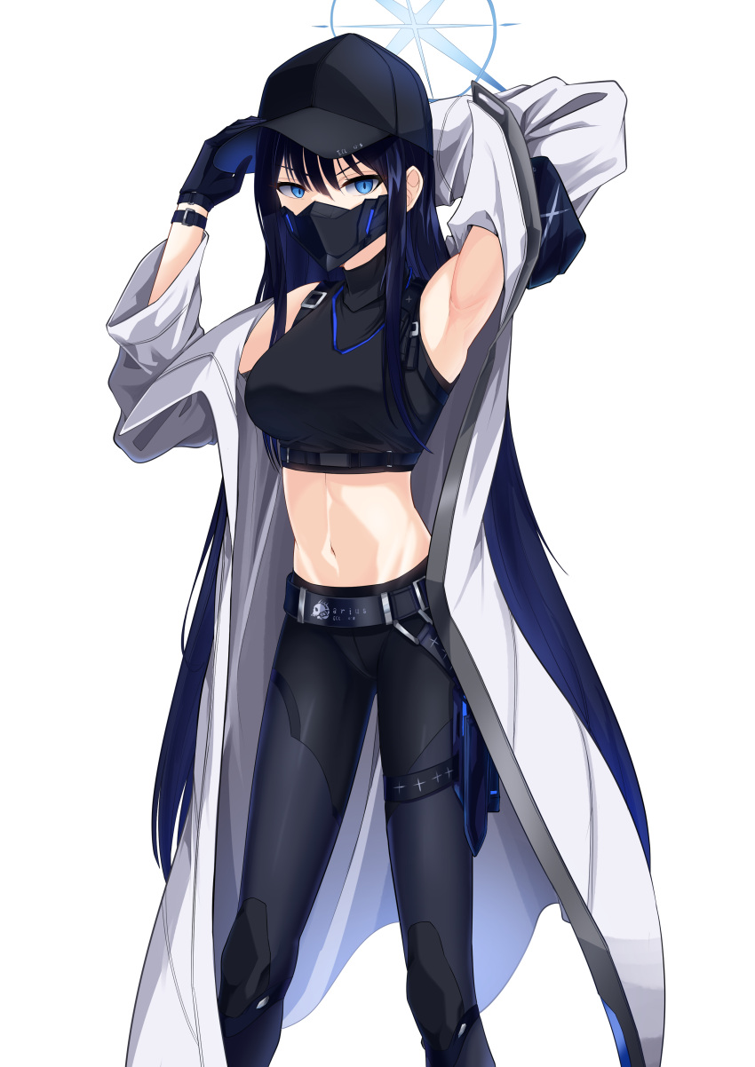 1girl absurdres armpits arms_up bare_shoulders baseball_cap belt black_belt black_headwear black_pants black_shirt blue_archive blue_eyes blue_hair breasts commentary_request crop_top feet_out_of_frame hat highres kipdrew large_breasts leggings long_hair looking_at_viewer mask midriff mouth_mask navel pants saori_(blue_archive) shirt simple_background sleeveless sleeveless_shirt solo standing stomach very_long_hair white_background