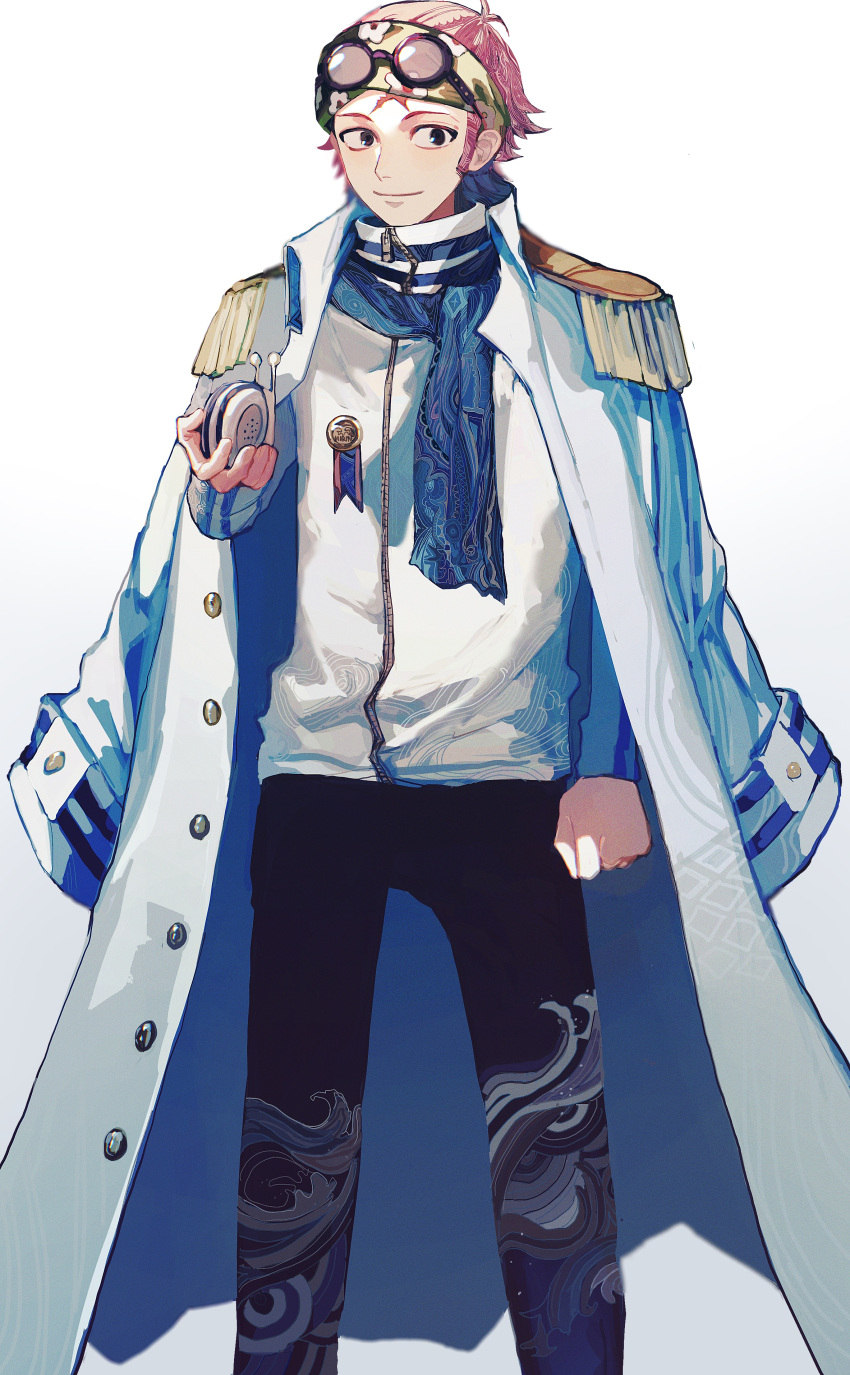 1boy absurdres black_eyes black_pants clenched_hand coat coat_on_shoulders coby den_den_mushi epaulettes eyewear_on_head hand_up highres long_sleeves male_focus marine_uniform_(one_piece) medal one_piece pants patterned_clothing patterned_hair pink_hair scar scar_on_face scar_on_forehead shirt short_hair smile solo standing white_background white_coat white_shirt yadu_nadu zipper