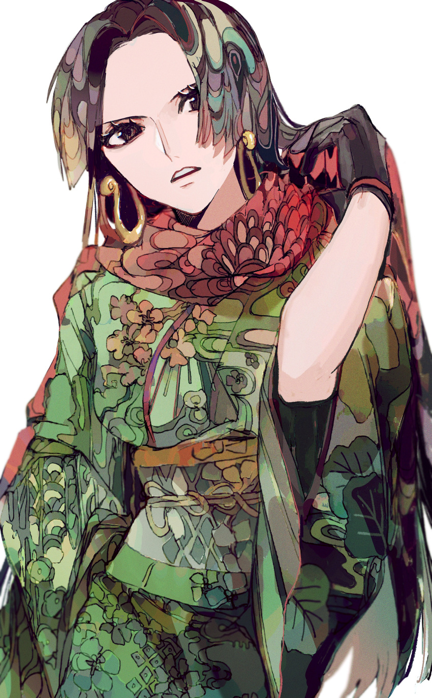 1girl absurdres black_hair boa_hancock breasts casual cowboy_shot earrings green_kimono highres japanese_clothes jewelry kimono long_hair looking_at_viewer one_piece patterned_clothing patterned_hair red_scarf scarf snake_earrings solo yadu_nadu