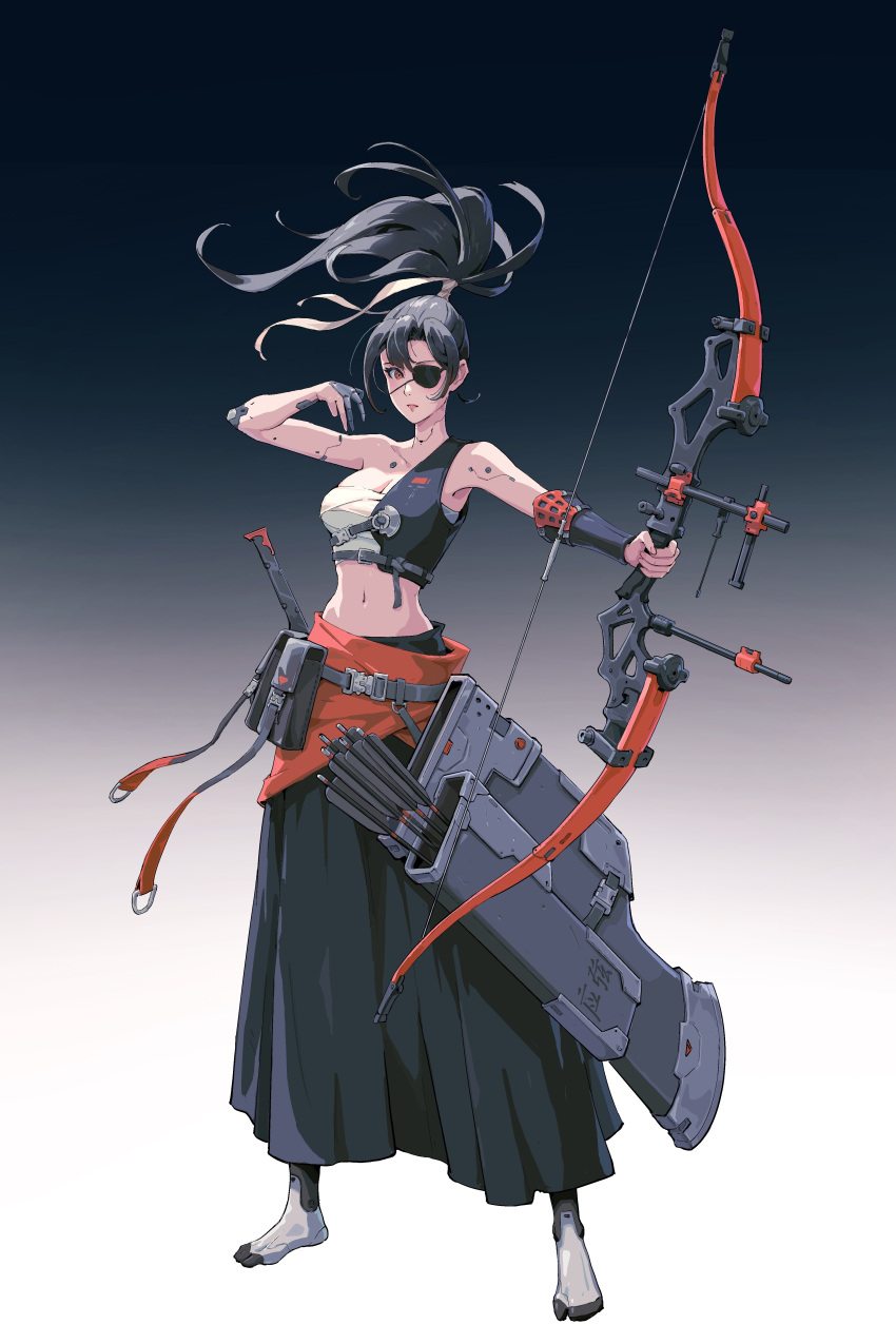 1girl absurdres arrow_(projectile) black_hair bow cyberpunk eyepatch full_body highres mechanical_parts one_eye_covered orange_eyes original quiver solo wenfei_ye