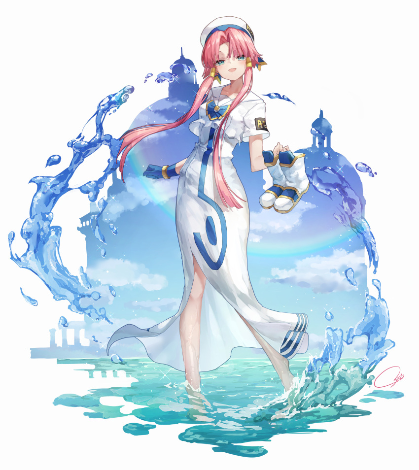 1girl absurdres aria bangs barefoot beret blue_gloves blue_sky boots cloud commentary_request day dress gloves green_eyes half-closed_eyes hat highres holding holding_boots holding_clothes holding_footwear horizon long_hair mizunashi_akari ocean osisio parted_bangs pink_hair rainbow shirt short_sleeves single_glove sky solo splashing standing very_long_hair water white_dress white_footwear white_headwear white_shirt