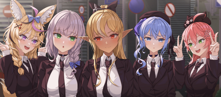 5girls absurdres ahoge animal_ear_fluff animal_ears bangs black_bow black_choker black_hair black_headwear black_jacket black_necktie blonde_hair blue_bow blue_eyes blue_hair blush bow braid choker closed_mouth collared_shirt crossed_bangs dark-skinned_female dark_elf dark_skin diamond_hair_ornament double_v elf facial_mark flower formal fox_ears fox_girl fox_tail green_eyes grey_hair hair_bow hair_flower hair_ornament hairclip hands_up heart heart-shaped_pupils highres hololive hoshimachi_suisei jacket long_hair long_sleeves looking_at_another medium_hair multicolored_hair multiple_girls necktie omaru_polka open_clothes open_jacket open_mouth orange_eyes parted_lips pink_hair playing_card_theme pointy_ears purple_eyes sakura_miko shiranui_flare shirogane_noel shirt side_braid sidelocks smile spade_hair_ornament star_(symbol) star_in_eye streaked_hair suit symbol-shaped_pupils symbol_in_eye tail upper_body v virtual_youtuber white_shirt x_hair_ornament yozora_(1wkdgusdn)