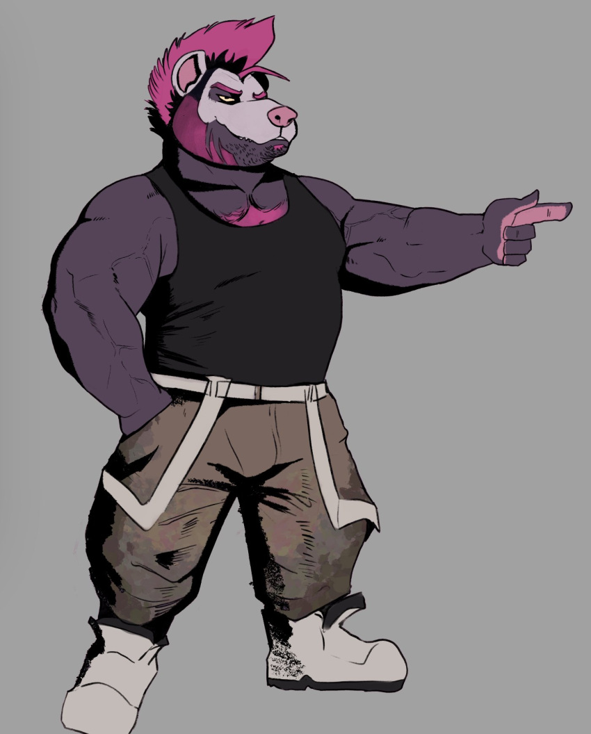 2023 anthro biceps black_clothing black_shirt black_tank_top black_topwear body_hair bottomwear burrserk chest_hair clothing footwear gesture hair hand_in_pocket hi_res looking_at_viewer male mammal manly mohawk murid murine muscular muscular_arms pants pecs pink_hair pockets pointing rat rodent shirt shoes simple_background solo soul_patch standing stubble tank_top topwear triceps