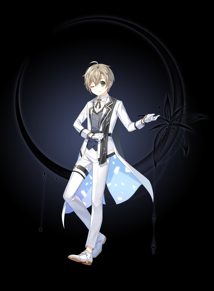 1boy ;) ahoge belt black_background black_flower black_sash closers crescent cross_tie flower full_body gloves green_eyes grey_hair hair_between_eyes hand_up heel_up highres jacket long_jacket long_sleeves mistilteinn_(closers) official_art one_eye_closed outstretched_arm oxfords pants purple_vest sash shirt shoulder_sash smile solo standing striped striped_vest tachi-e thigh_belt thigh_strap vertical-striped_vest vertical_stripes vest white_gloves white_jacket white_pants white_shirt