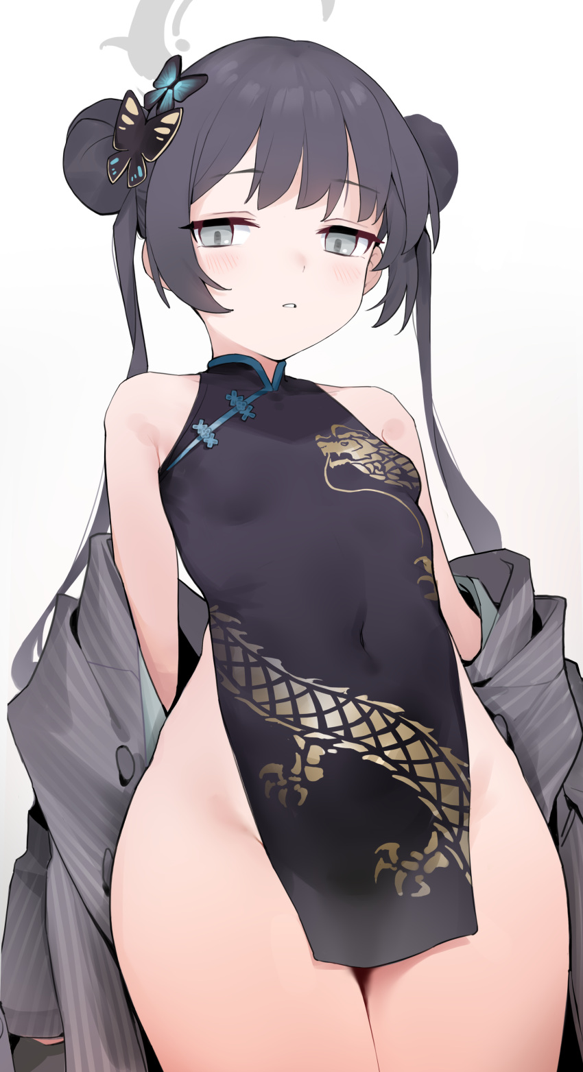 1girl absurdres bare_shoulders black_dress black_hair blue_archive breasts butterfly_hair_ornament china_dress chinese_clothes covered_navel double_bun dress grey_eyes grey_jacket groin hair_bun hair_ornament halo highres jacket kisaki_(blue_archive) long_hair looking_at_viewer off_shoulder pinstripe_jacket pinstripe_pattern rong_hui small_breasts solo striped thighs twintails