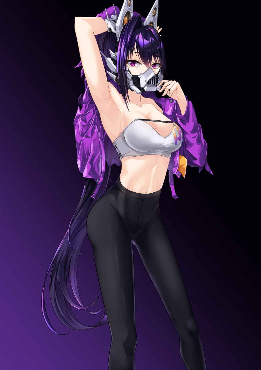 1girl absurdres arm_up armpits bandeau bare_shoulders black_pants breasts character_request cleavage commentary_request feet_out_of_frame goddess_of_victory:_nikke gradient_background hair_between_eyes hand_up highres jacket kipdrew large_breasts leggings long_hair long_sleeves mask midriff mouth_mask navel pants purple_background purple_eyes purple_hair purple_jacket solo standing stomach strapless thighs tube_top very_long_hair