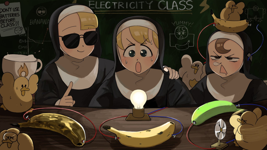 3girls :o banana bird blonde_hair blue_eyes brown_hair cable catholic chalkboard chicken clumsy_nun_(diva) commentary diva_(hyxpk) duck duckling electric_fan electricity english_commentary food froggy_nun_(diva) fruit goggles habit highres light_bulb little_nuns_(diva) minifan multiple_girls nose_bubble note nun spicy_nun_(diva) sunglasses triangle_mouth