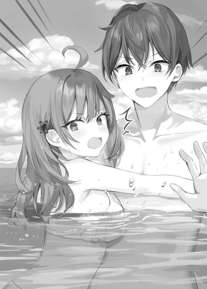 1boy 1girl :o absurdres ahoge bangs beach bikini blue_sky breasts cloud cloudy_sky collarbone commentary_request cowboy_shot crossed_bangs day flower flustered greyscale hair_flower hair_ornament hairpin head_tilt highres holding looking_at_another looking_at_viewer mariya_mikhailovna_kujou masachika_kuze medium_breasts messy_hair momoko_(momopoco) monochrome ocean open_hand open_mouth outdoors parted_bangs short_hair sidelocks sky surprised swimsuit tokidoki_bosotto_roshia-go_de_dereru_tonari_no_arya-san wet