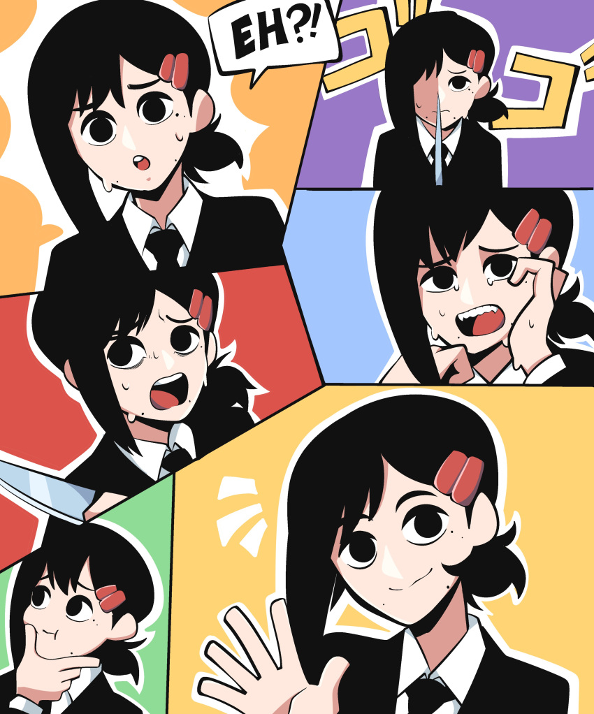 1girl absurdres black_eyes black_hair black_necktie chainsaw_man commentary formal frown hair_ornament hairclip hand_on_own_chin higashiyama_kobeni highres holding holding_knife kermittend knife menacing_(jojo) mole mole_under_eye mole_under_mouth multiple_moles necktie open_mouth ponytail shaded_face suit sweat waving