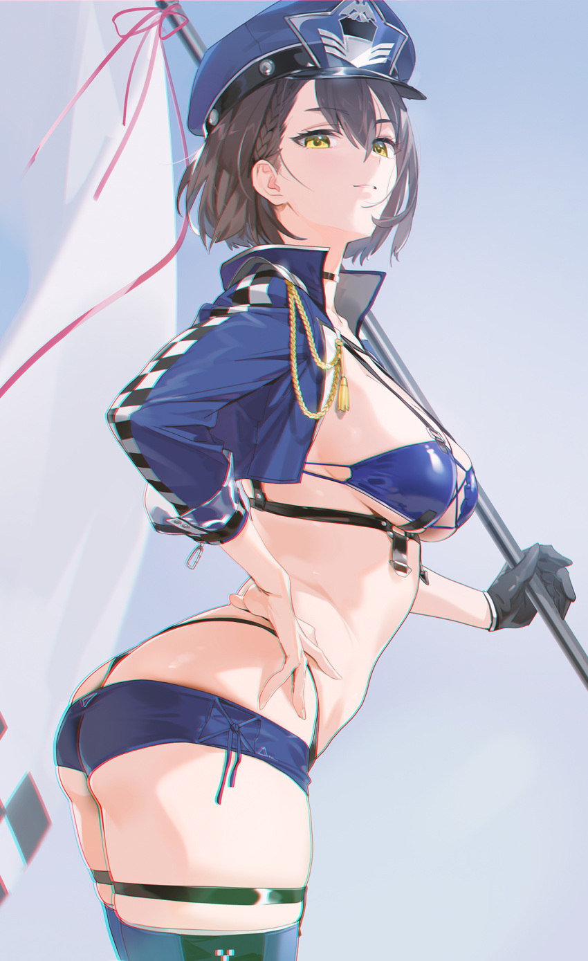 1girl ass azur_lane baltimore_(azur_lane) baltimore_(finish_line_flagbearer)_(azur_lane) bangs bikini bikini_top_only black_gloves blue_bikini blue_headwear blue_jacket blue_shorts blue_thighhighs braid breasts brown_hair choker chromatic_aberration cropped_jacket flag from_side gloves hand_on_hip hat highres holding holding_flag jacket long_sleeves looking_at_viewer looking_to_the_side midriff official_alternate_costume parted_lips race_queen short_hair short_shorts shorts single_glove skindentation smile solo standing swimsuit thigh_strap thighhighs thong yd_(orange_maru) yellow_eyes