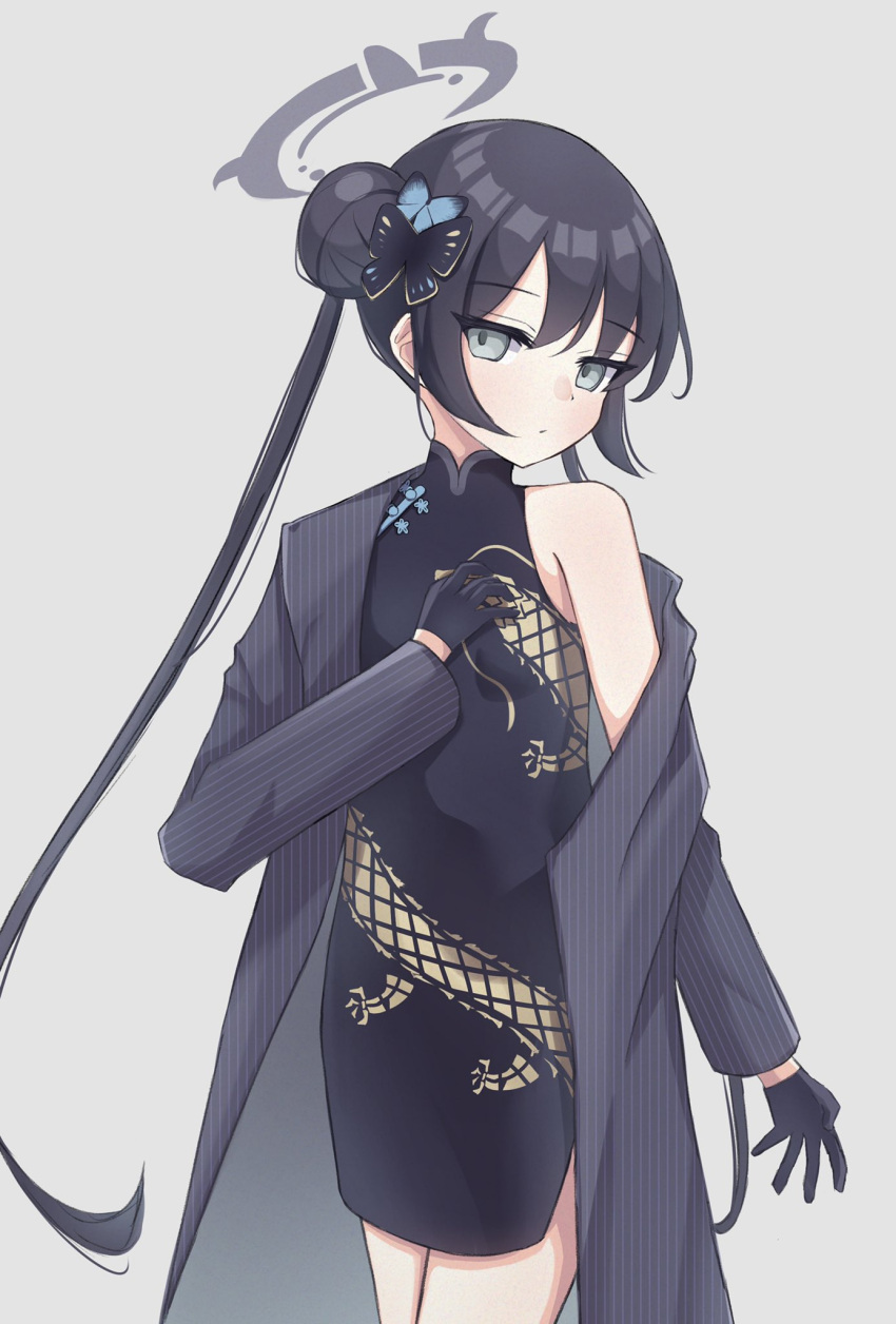 1girl black_dress black_gloves black_hair black_jacket blue_archive butterfly_hair_ornament china_dress chinese_clothes double_bun dress gloves grey_eyes hair_bun hair_ornament halo highres jacket kisaki_(blue_archive) long_hair looking_at_viewer off_shoulder pinstripe_jacket pinstripe_pattern sangria solo striped twintails