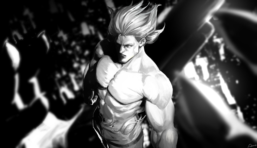 1boy absurdres ammenite blurry blurry_background choujin_x collarbone floating_hair greyscale highres hoshi_sandek_(choujin_x) looking_at_viewer monochrome muscular muscular_male short_hair solo torn_clothes