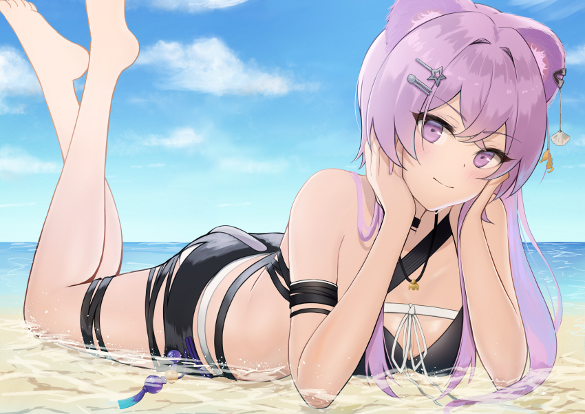 1girl absurdres animal_ears arknights bare_legs barefoot bikini black_bikini blue_sky cloud codename696 commentary_request day hands_up highres lin_(arknights) long_hair looking_at_viewer lying mouse_ears ocean official_alternate_costume on_stomach partial_commentary purple_eyes purple_hair sky smile solo swimsuit water