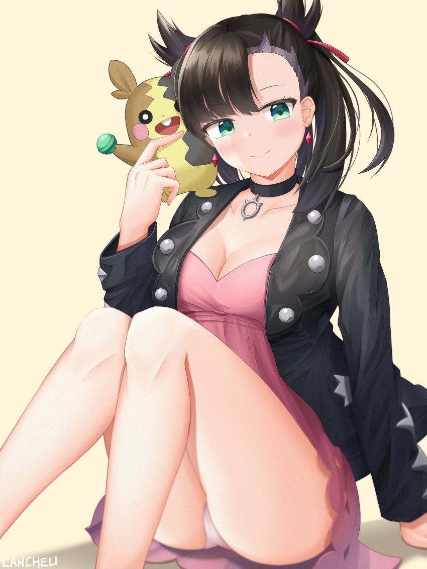 1girl absurdres asymmetrical_bangs bangs bare_legs black_choker black_hair black_jacket breasts choker cleavage closed_mouth commentary dress earrings green_eyes hair_ribbon highres jacket jewelry knees_up lancheu long_sleeves looking_at_viewer marnie_(pokemon) medium_breasts medium_hair morpeko morpeko_(full) on_shoulder open_clothes open_jacket panties pantyshot pendant_choker pink_dress pokemon pokemon_(creature) pokemon_(game) pokemon_on_shoulder pokemon_swsh red_ribbon ribbon short_dress simple_background sitting smile thighs twintails underwear white_panties yellow_background