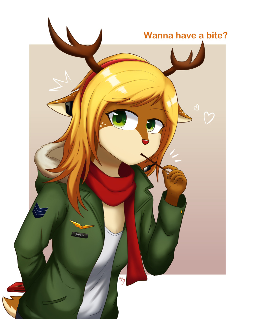 absurd_res accessory anthro antlers biscuit_(food) blonde_hair bread breasts brown_body candy chocolate clothed clothing deer dessert digital_media_(artwork) eating emblem female fingers food gradient_background green_clothing green_eyes green_jacket green_topwear hair headband headgear headphones headset headset_microphone hi_res holding_food holding_object horn jacket jocelyn_(railjet) looking_at_viewer mammal medium_breasts open_mouth railjet red_nose red_scarf scarf shirt simple_background snack solo spots spotted_body standing tail text topwear white_clothing white_shirt white_topwear