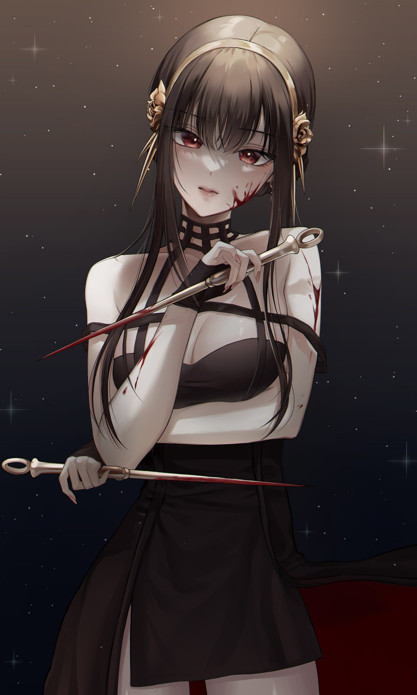 1girl arm_under_breasts bangs bare_shoulders black_dress black_gloves black_hair blood blood_on_arm blood_on_face breast_hold breasts cleavage closed_mouth dagger dress expressionless fingerless_gloves gloves gold_hairband hairband hand_up highres holding holding_weapon knife long_hair looking_at_viewer medium_breasts nail_polish red_eyes red_nails rine_(rine_on) sidelocks solo spy_x_family stiletto_(weapon) straight_hair weapon yor_briar