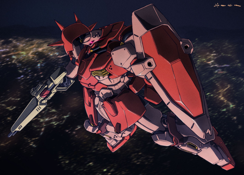 arm_shield daue flying from_side glowing glowing_eye gun gundam gundam_hathaway's_flash holding holding_gun holding_weapon mecha messer_(mobile_suit) mobile_suit no_humans pink_eyes robot science_fiction solo weapon