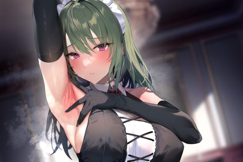 1girl arm_up armpits bangs bare_shoulders black_gloves blurry blurry_background blush bow bowtie closed_mouth commentary_request elbow_gloves gloves green_hair looking_at_viewer maid_headdress medium_hair original purple_eyes red_bow red_bowtie sleeveless solo sweat upper_body white_headwear yuyu_(yuyuworks)