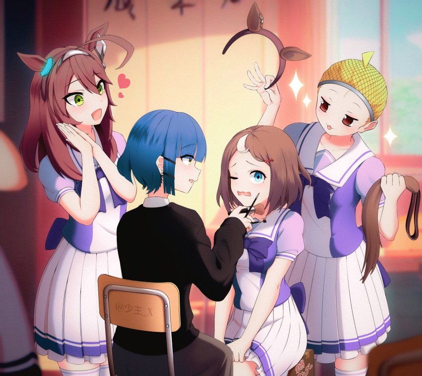 4girls absurdres ahoge animal_ears aoyama_yoshino bangs blonde_hair blue_eyes blue_hair blunt_bangs blurry blurry_background bocchi_the_rock! bow bowtie brown_hair chair classroom collarbone commentary_request cosplay ear_ornament ear_piercing fake_animal_ears fake_tail glowing gotou_hitori hair_between_eyes hair_net hair_ornament hairband hairclip hasegawa_ikumi head_tilt highres hiroto_xiangshaozhu horse_ears horse_tail huge_ahoge ijichi_nijika indoors kita_ikuyo looking_down makeup makeup_brush mascara mascara_wand mihono_bourbon_(umamusume) mihono_bourbon_(umamusume)_(cosplay) multicolored_hair multiple_girls open_mouth own_hands_together piercing pleated_skirt puffy_short_sleeves puffy_sleeves purple_bow purple_bowtie purple_shirt red_eyes sailor_collar sailor_shirt school_uniform shirt short_sleeves sitting skirt sparkle streaked_hair summer_uniform tail thighhighs tracen_school_uniform tsurumaru_tsuyoshi_(umamusume) tsurumaru_tsuyoshi_(umamusume)_(cosplay) twitter_username two-tone_hair umamusume voice_actor_connection wavy_mouth white_hair white_sailor_collar white_skirt white_thighhighs yamada_ryou yellow_eyes