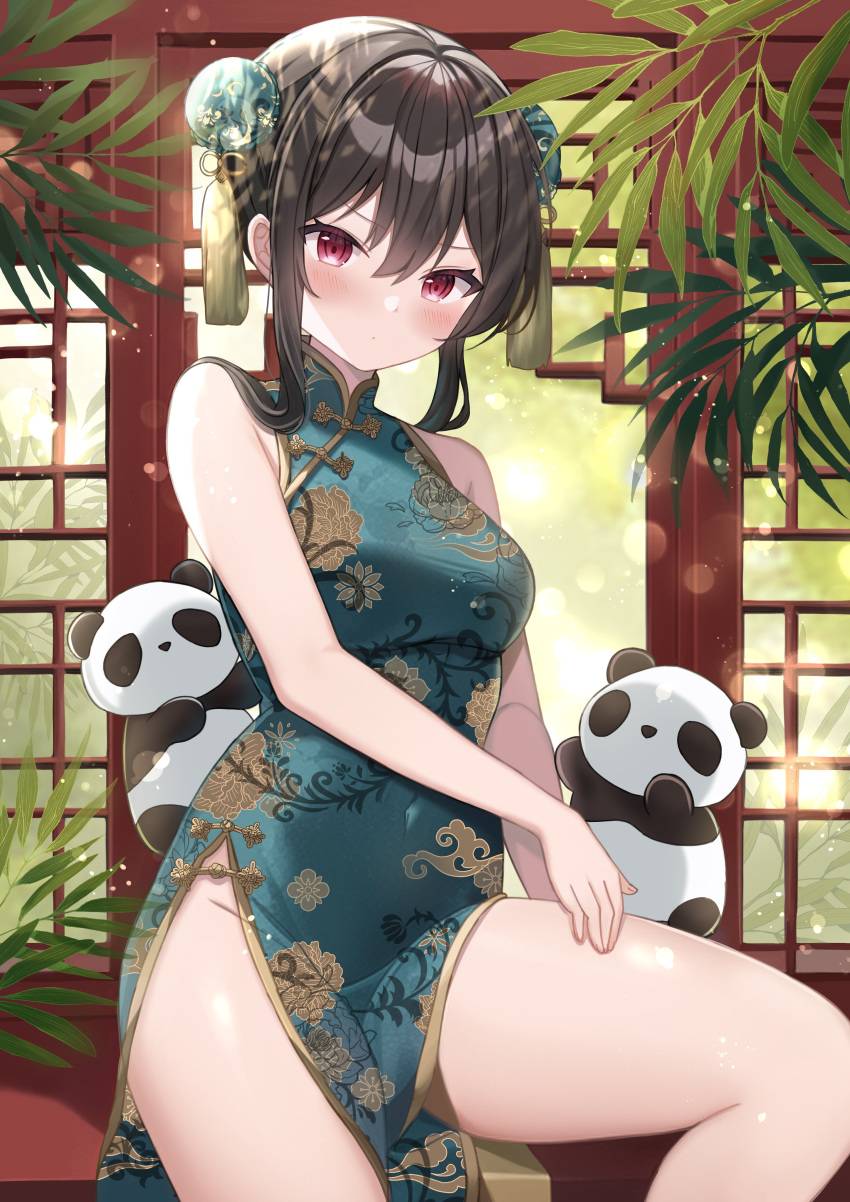 1girl absurdres bangs bare_legs bare_shoulders blush brown_hair china_dress chinese_clothes covered_navel double_bun dress floral_print hair_between_eyes hair_bun highres indoors kohaku_muro looking_at_viewer miao_clothes original panda red_eyes side_slit sitting solo