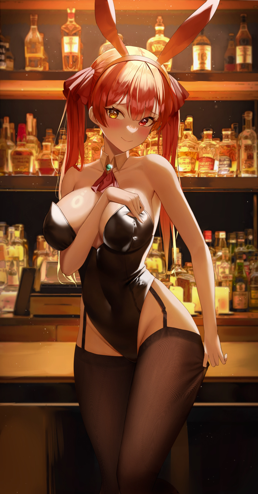 1girl absurdres animal_ears arm_between_breasts ascot bar_(place) bare_arms bare_shoulders between_breasts black_garter_straps black_leotard black_thighhighs blush bottle breasts brooch collar covered_navel cowboy_shot detached_collar fake_animal_ears garter_straps groin hand_on_own_chest heterochromia highleg highleg_leotard highres hololive houshou_marine indoors jewelry large_breasts leotard long_hair looking_at_viewer playboy_bunny rabbit_ears red_ascot red_eyes red_hair ryu_o strapless strapless_leotard thighhighs thighs twintails virtual_youtuber white_collar yellow_eyes