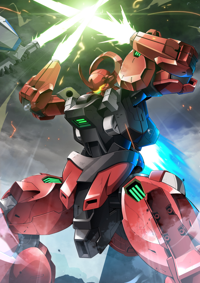 arm_blade assault_visor beam_saber cloud cloudy_sky darilbalde energy_blade gamiani_zero gundam gundam_aerial gundam_suisei_no_majo highres holding holding_sword holding_weapon horns mecha robot single_horn sky solo_focus sword sword_clash thrusters weapon