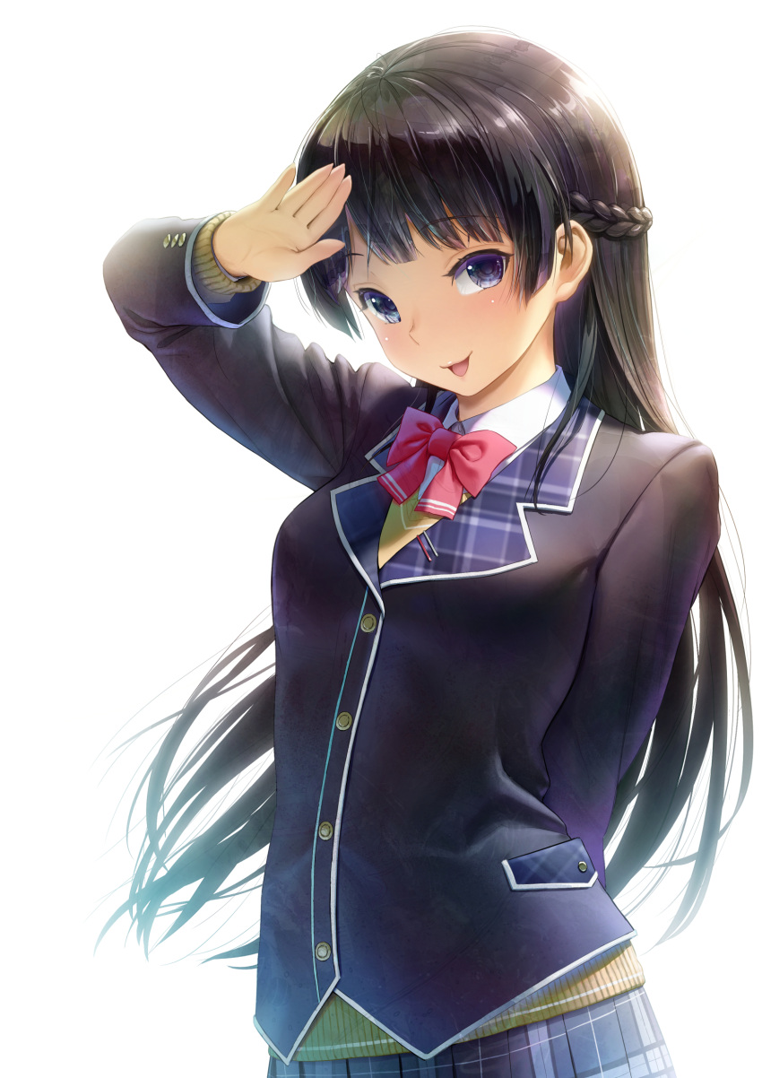 1girl :d arm_behind_back bangs black_hair black_jacket blazer blue_eyes blue_skirt bow bowtie commentary_request floating_hair highres jacket kath long_hair looking_at_viewer nijisanji open_mouth pleated_skirt red_bow red_bowtie salute simple_background skirt smile solo speech_bubble standing sweater translation_request tsukino_mito very_long_hair virtual_youtuber white_background yellow_sweater yorudou