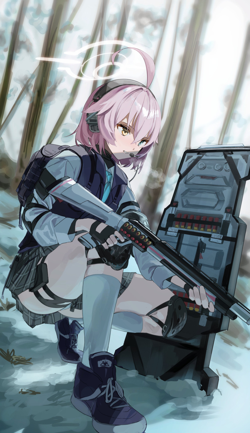 1girl absurdres aged_down ahoge backpack bag black_gloves blue_archive blue_eyes blue_footwear blue_necktie blurry blurry_background collared_shirt fingerless_gloves full_body gloves grey_skirt gun halo headset heterochromia highres holding holding_gun holding_weapon hoshino_(blue_archive) knee_pads long_sleeves nagul necktie official_alternate_hairstyle outdoors parted_lips pink_hair plaid plaid_skirt pleated_skirt riot_shield shield shirt shotgun skirt smile solo teeth tree weapon white_shirt yellow_eyes