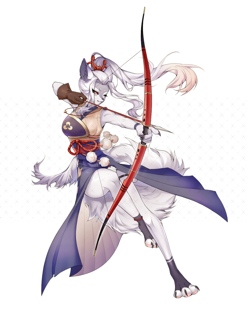 1girl aiming animal_ear_fluff animal_ears animal_feet animal_hands animal_nose arms_up arrow_(projectile) artist_name bangs_pinned_back bare_shoulders black_skirt black_socks blonde_hair body_fur bow_(weapon) breasts brown_gloves chinese_commentary chinese_text claws closed_mouth commentary_request drawing_bow fang fei_ji forehead fox_ears fox_girl fox_tail furry furry_female gloves gradient_hair grey_fur hakurou_(onmyoji) half-closed_eye highres holding holding_arrow holding_bow_(weapon) holding_weapon jewelry leg_up legs long_hair medium_breasts multicolored_hair muneate necklace one_eye_closed onmyoji outstretched_arm pom_pom_(clothes) red_eyes rope sash shirt sidelocks simple_background single_glove skirt sleeveless sleeveless_shirt snout socks solo standing standing_on_one_leg tail thigh_strap thighs toeless_legwear two-tone_fur two-tone_hair watermark weapon white_background white_fur white_hair yellow_shirt