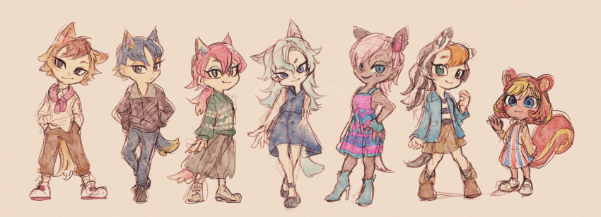 2boys 5girls :3 animal_crossing animal_ears aqua_eyes asymmetrical_hair bangs bare_shoulders black_eyes black_hair blonde_hair blue_dress blue_eyes blue_eyeshadow blue_footwear blue_gloves blue_hair blue_jacket blue_nails blue_pants blue_tail boots brown_footwear brown_hair brown_jacket brown_pants brown_skirt caroline_(animal_crossing) chief_(animal_crossing) closed_mouth colored_sclera crossed_bangs crossed_legs curly_hair dark-skinned_female dark_blue_hair dark_skin dress earrings extra_ears eyelashes eyeliner eyeshadow facial_mark fang fang_out fingerless_gloves fingernails freya_(animal_crossing) full_body gloves green_eyeliner grey_eyeshadow grey_skirt grey_tail hair_between_eyes hand_up hands_in_pockets high_heel_boots high_heels highres horse_ears horse_girl horse_tail jacket jewelry light_blue_hair long_hair long_sleeves looking_at_viewer makeup multicolored_hair multiple_boys multiple_earrings multiple_girls nail_polish open_clothes open_jacket orange_hair orange_tail pants personification pink_dress pink_hair pink_scarf ponytail purple_eyes red_hair red_tail reneigh_(animal_crossing) savannah_(animal_crossing) scarf shirt shoes short_hair skirt sleeveless sleeveless_dress smile socks squirrel_ears squirrel_girl squirrel_tail standing streaked_hair striped striped_dress striped_shirt striped_socks tail two-tone_hair ukata vertical-striped_dress vertical_stripes watson_cross white_footwear white_hair white_shirt whitney_(animal_crossing) wolf_boy wolf_ears wolf_girl wolf_tail wolfgang_(animal_crossing) yellow_sclera zebra_ears zebra_girl zebra_tail